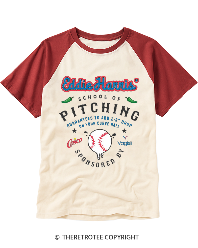 TheRetroTee School of Pitching 1980s Raglan Baseball T-Shirt