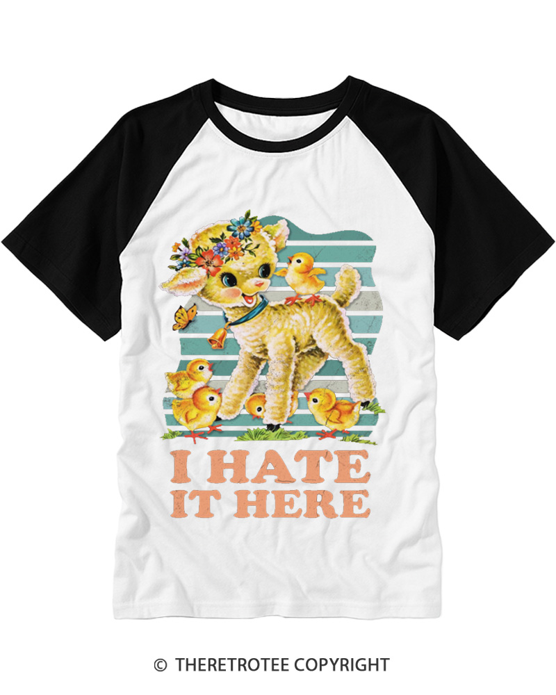 TheRetroTee I Hate It Here 1950s Raglan Baseball T-Shirt