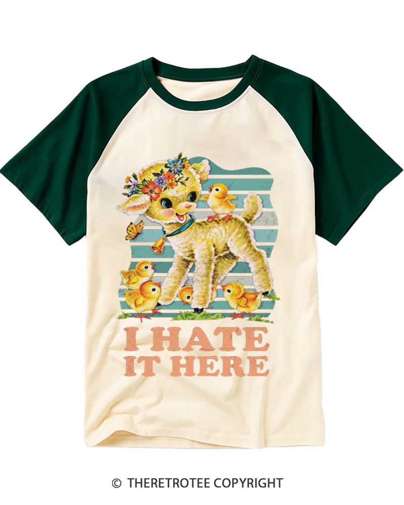 TheRetroTee I Hate It Here 1950s Raglan Baseball T-Shirt