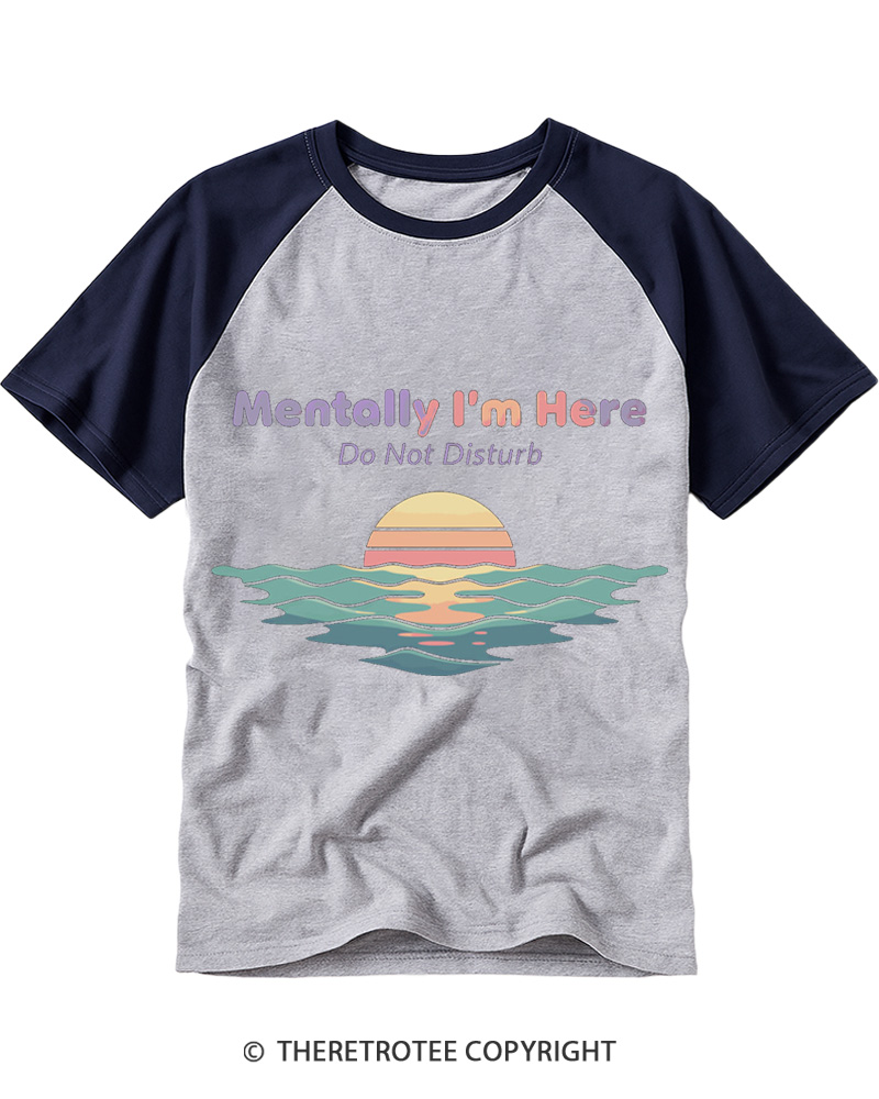 TheRetroTee Mentally I'm Here Retro Sunset Beach Raglan Baseball T-Shirt