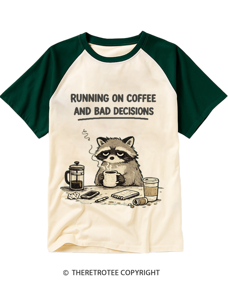 TheRetroTee Running on Coffee and Bad Decisions Raglan Baseball T-Shirt