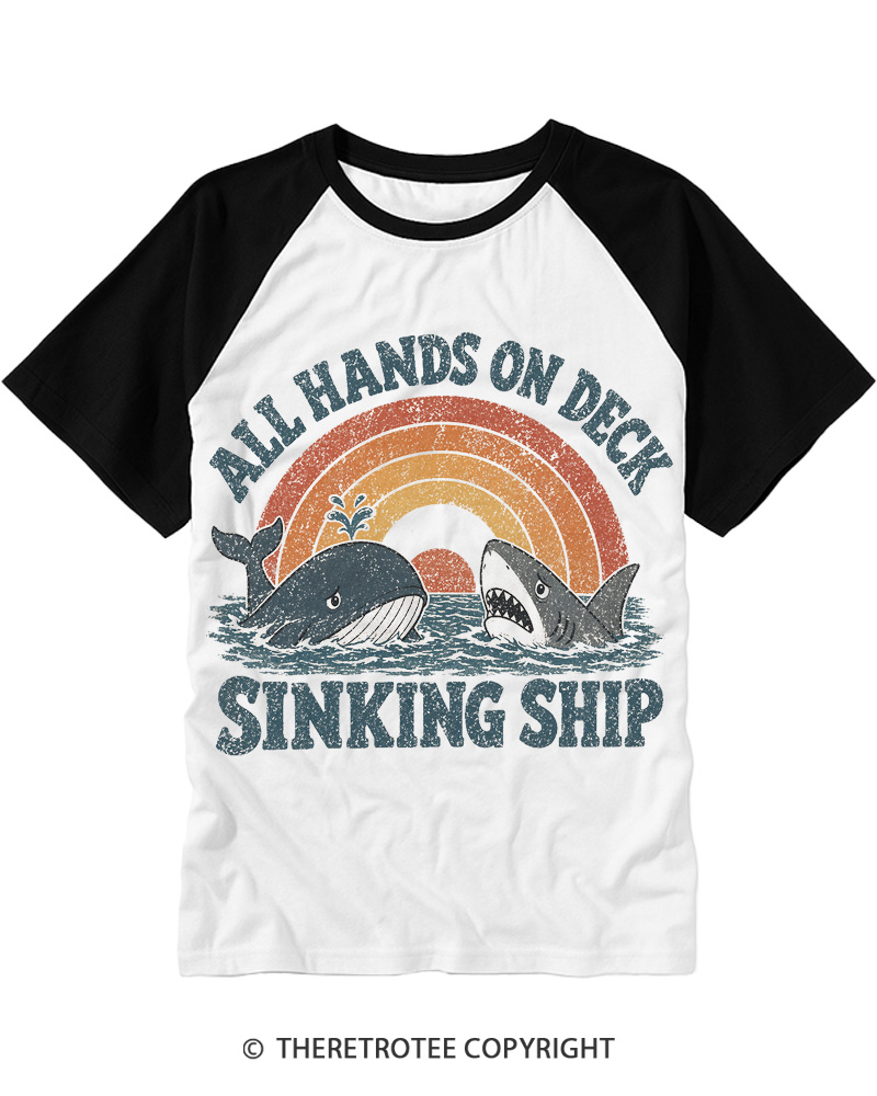 TheRetroTee All Hands on Deck, Sinking Ship Raglan Baseball T-Shirt