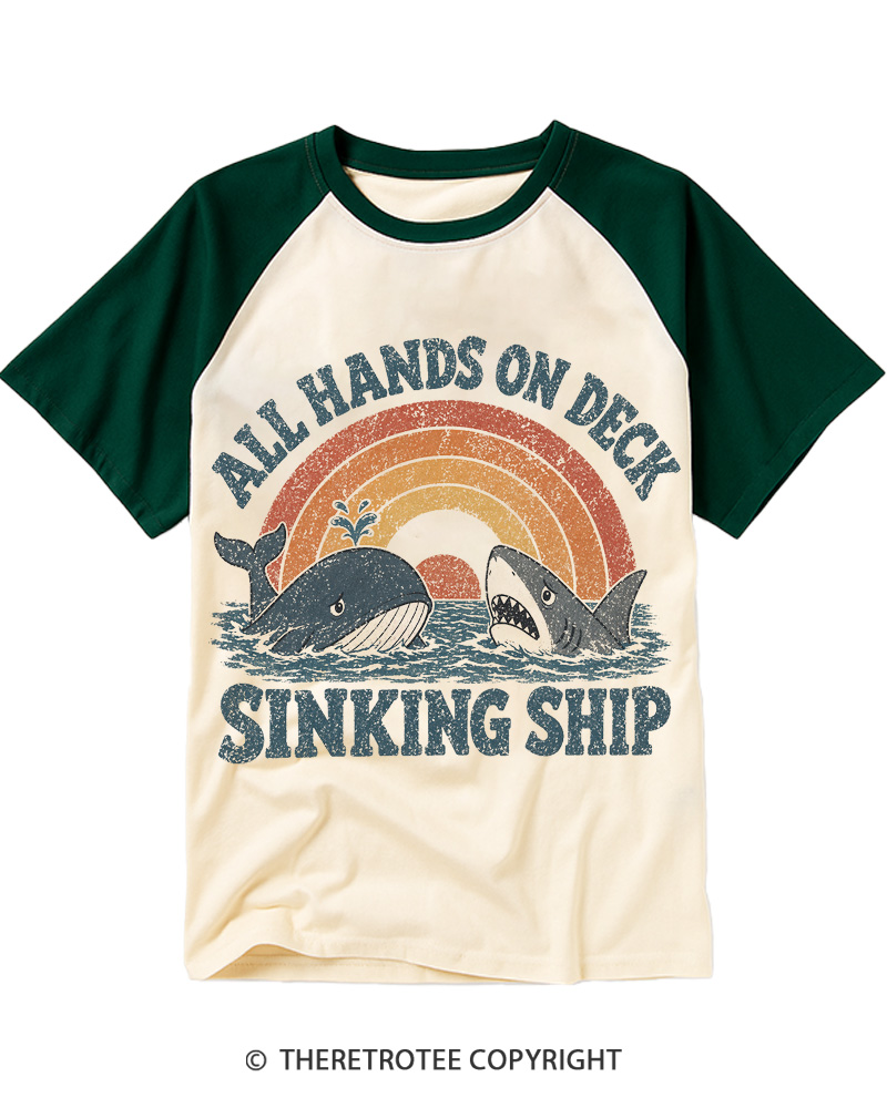 TheRetroTee All Hands on Deck, Sinking Ship Raglan Baseball T-Shirt