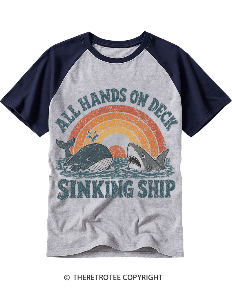 TheRetroTee All Hands on Deck, Sinking Ship Raglan Baseball T-Shirt