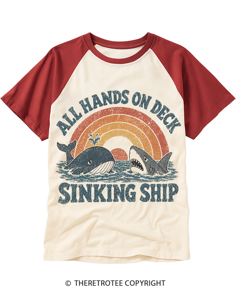 TheRetroTee All Hands on Deck, Sinking Ship Raglan Baseball T-Shirt
