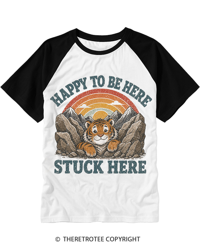 TheRetroTee Happy to Be Here Stuck Here Raglan Baseball T-Shirt