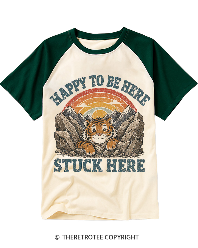 TheRetroTee Happy to Be Here Stuck Here Raglan Baseball T-Shirt
