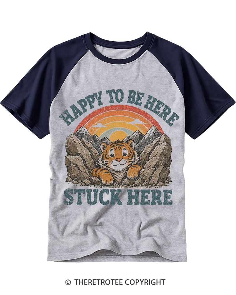 TheRetroTee Happy to Be Here Stuck Here Raglan Baseball T-Shirt