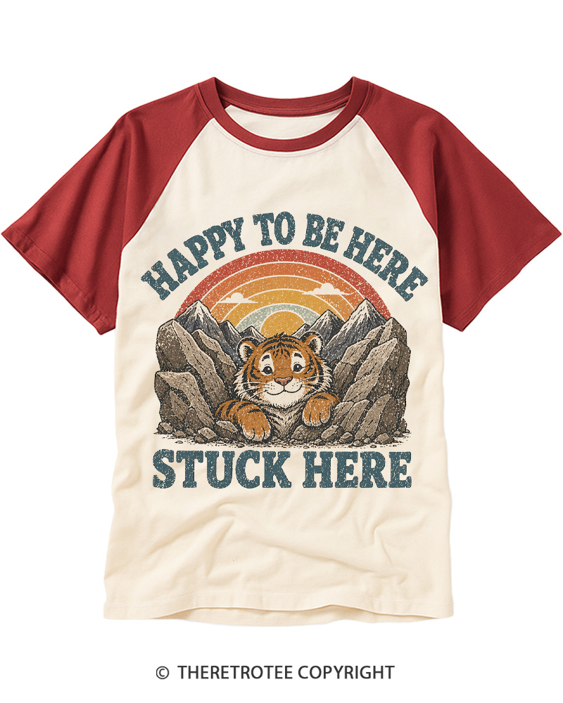 TheRetroTee Happy to Be Here Stuck Here Raglan Baseball T-Shirt