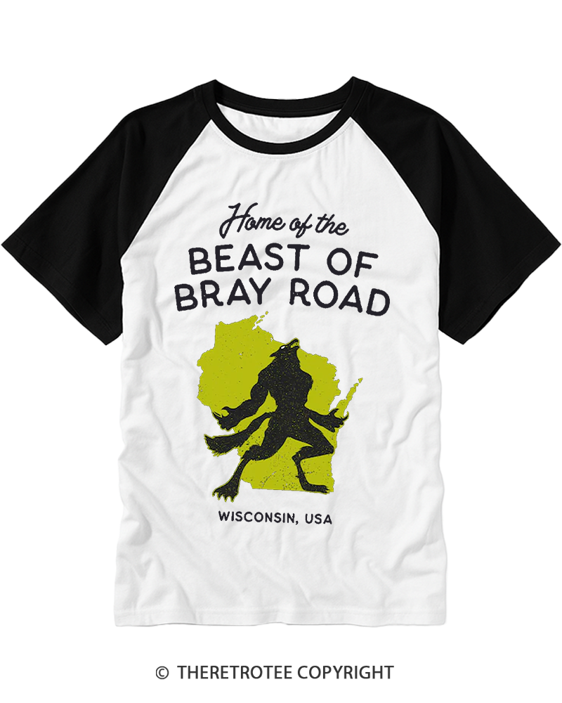 TheRetroTee Beast of Bray Road Wisconsin Cryptid Animal Raglan Baseball T-Shirt