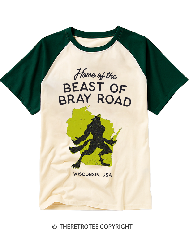 TheRetroTee Beast of Bray Road Wisconsin Cryptid Animal Raglan Baseball T-Shirt