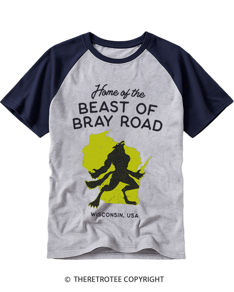 TheRetroTee Beast of Bray Road Wisconsin Cryptid Animal Raglan Baseball T-Shirt