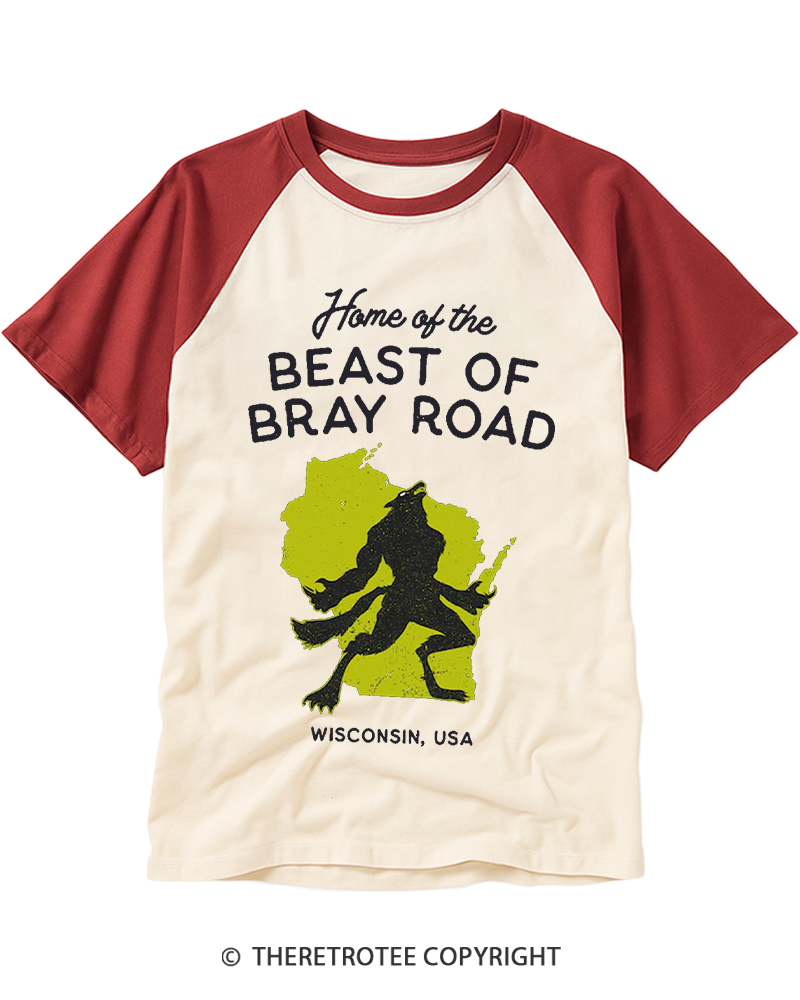 TheRetroTee Beast of Bray Road Wisconsin Cryptid Animal Raglan Baseball T-Shirt