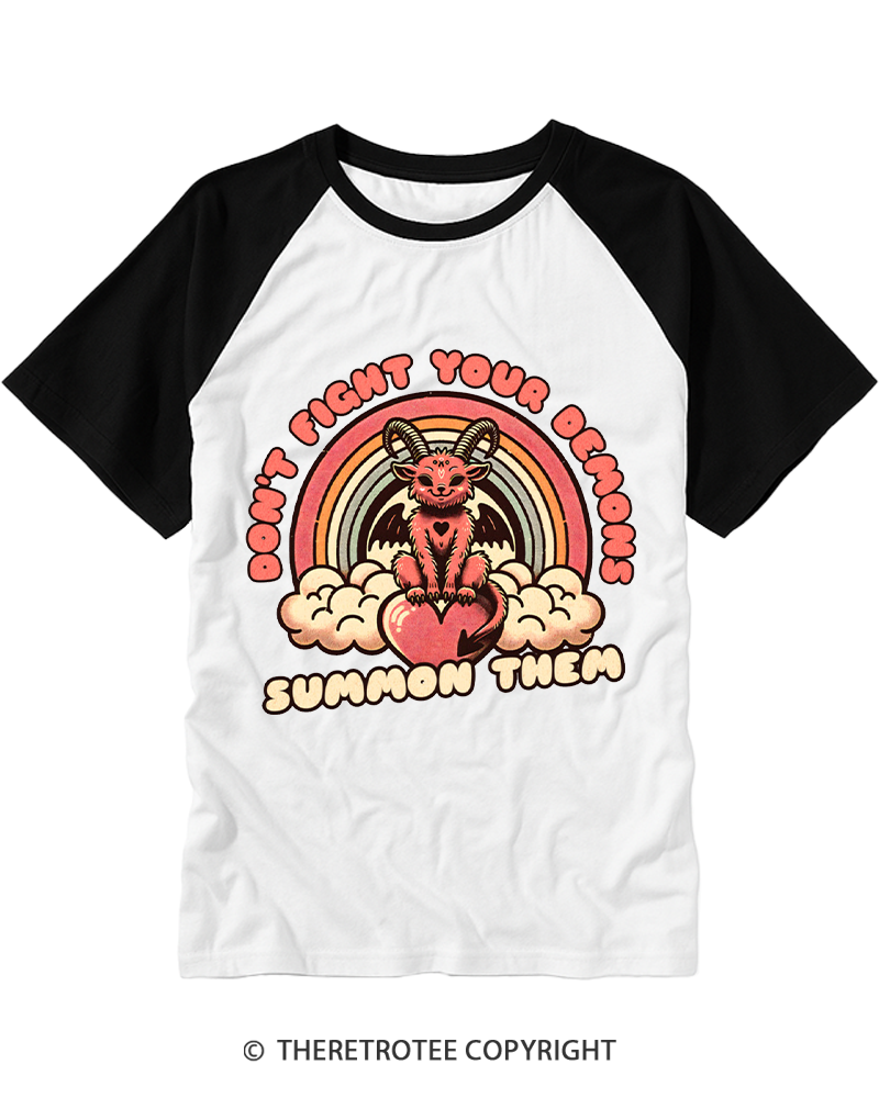 TheRetroTee Don't Fight Your Demons Summon Them 1990s Raglan Baseball T-Shirt