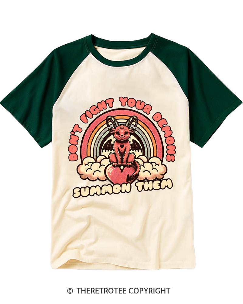 TheRetroTee Don't Fight Your Demons Summon Them 1990s Raglan Baseball T-Shirt