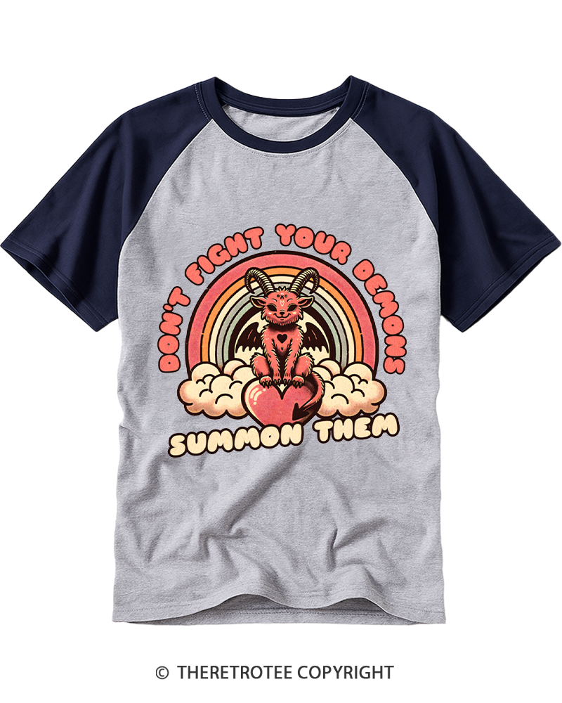 TheRetroTee Don't Fight Your Demons Summon Them 1990s Raglan Baseball T-Shirt