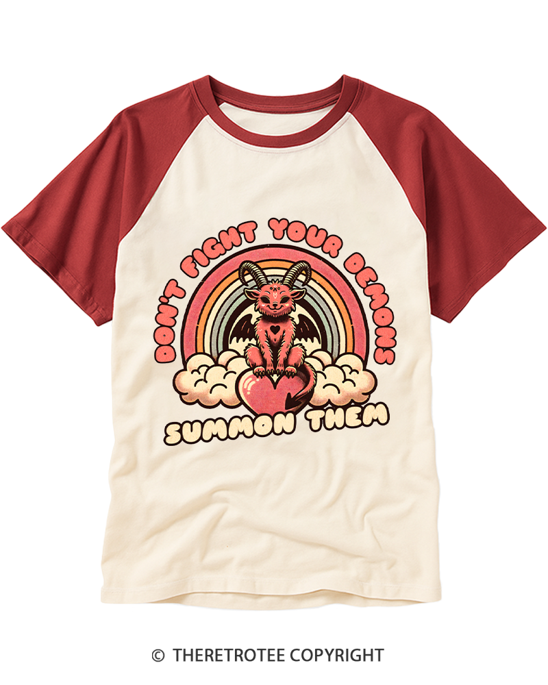 TheRetroTee Don't Fight Your Demons Summon Them 1990s Raglan Baseball T-Shirt