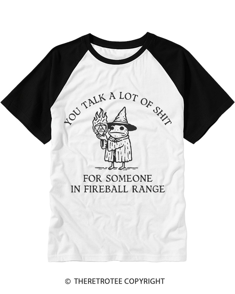 TheRetroTee Fog You Talk A Lot Of Shit Fireball Range 1970s Raglan Baseball T-Shirt