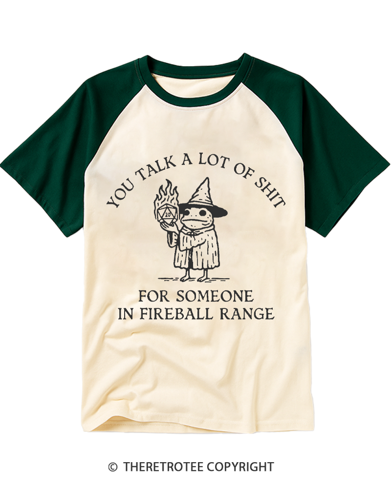 TheRetroTee Fog You Talk A Lot Of Shit Fireball Range 1970s Raglan Baseball T-Shirt