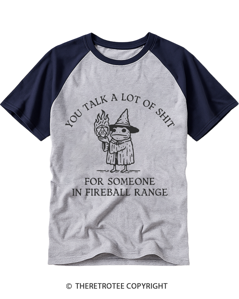 TheRetroTee Fog You Talk A Lot Of Shit Fireball Range 1970s Raglan Baseball T-Shirt