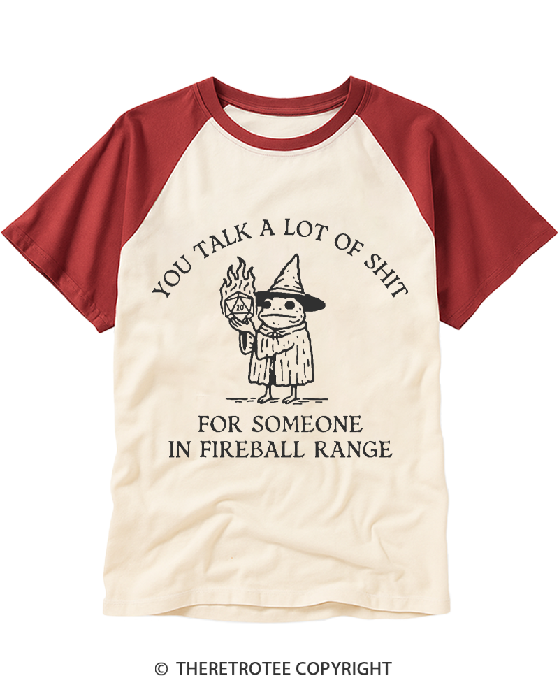 TheRetroTee Fog You Talk A Lot Of Shit Fireball Range 1970s Raglan Baseball T-Shirt