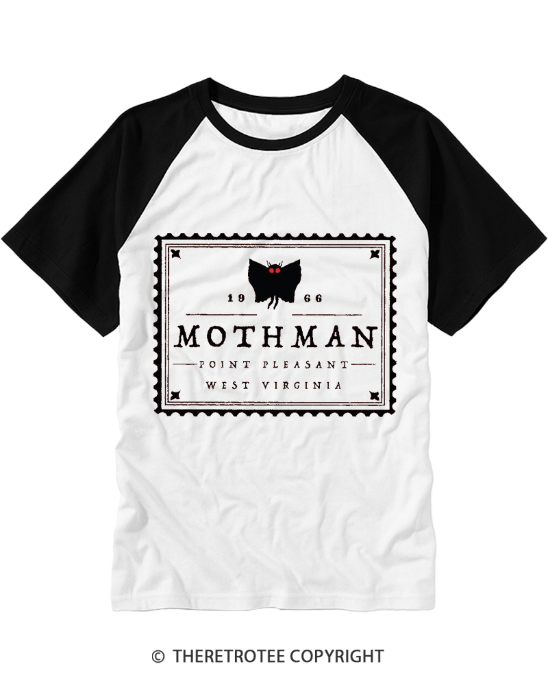 TheRetroTee Mothman Stamp 1970s Raglan Baseball T-Shirt