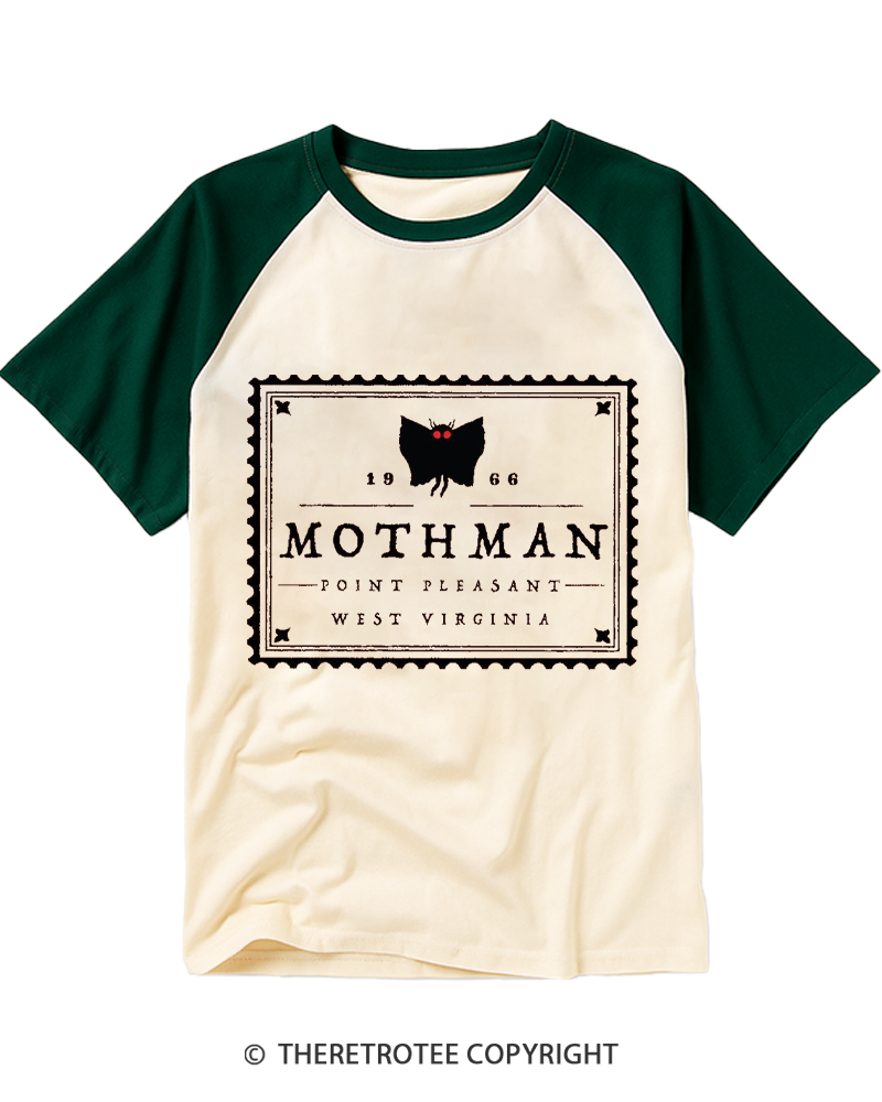 TheRetroTee Mothman Stamp 1970s Raglan Baseball T-Shirt