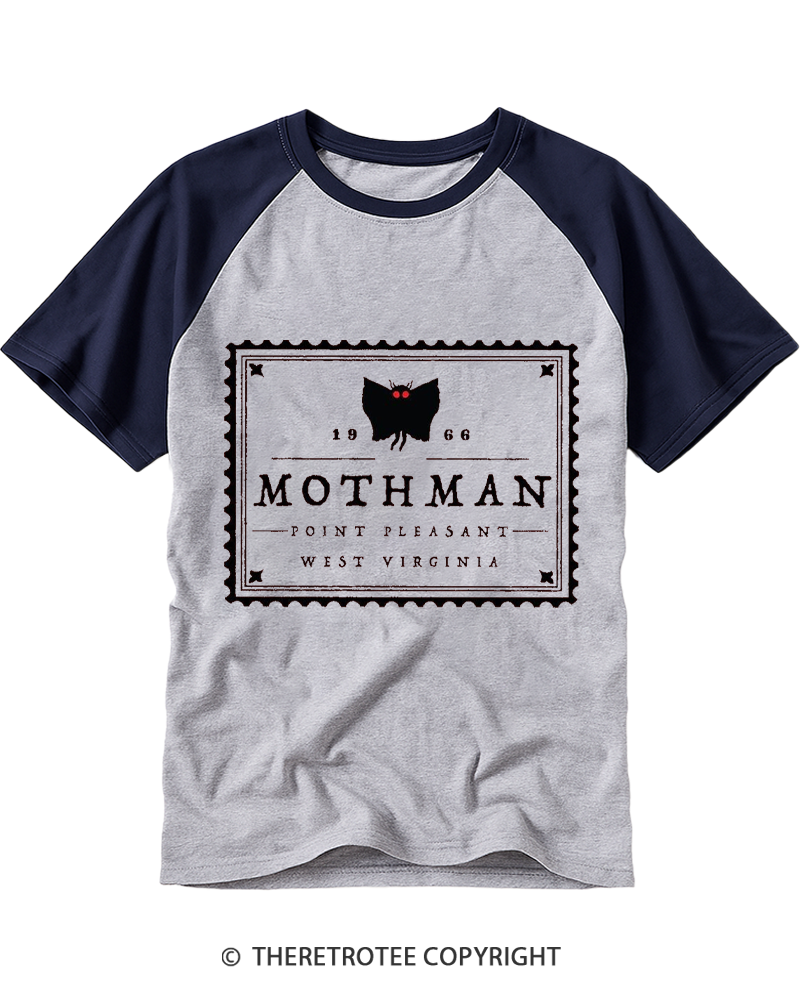 TheRetroTee Mothman Stamp 1970s Raglan Baseball T-Shirt