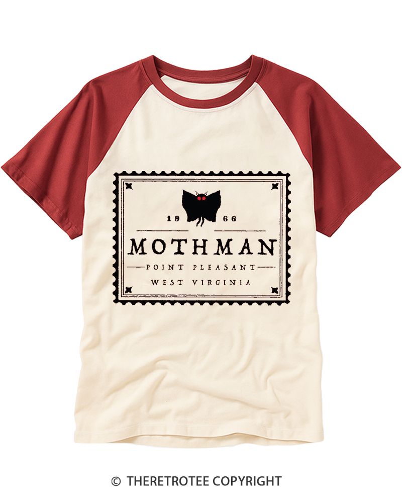 TheRetroTee Mothman Stamp 1970s Raglan Baseball T-Shirt