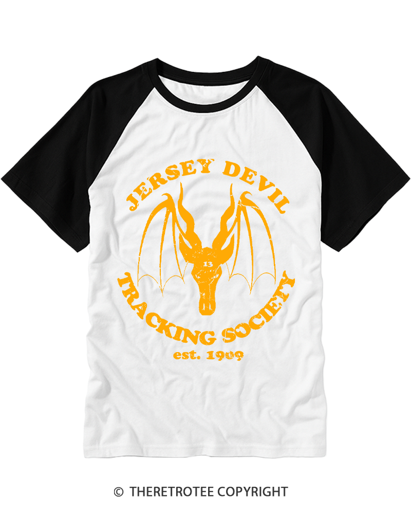TheRetroTee The Jersey Devil Tracking Society Raglan Baseball T-Shirt