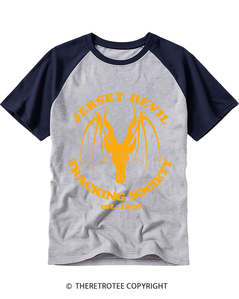 TheRetroTee The Jersey Devil Tracking Society Raglan Baseball T-Shirt