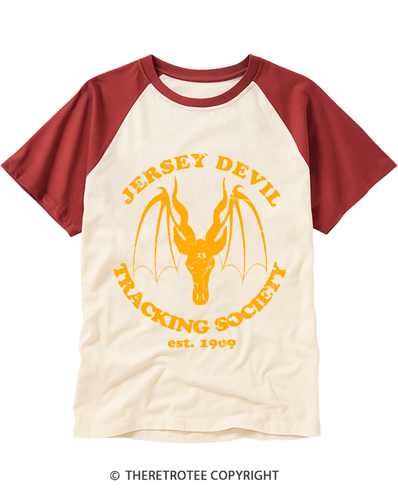 TheRetroTee The Jersey Devil Tracking Society Raglan Baseball T-Shirt