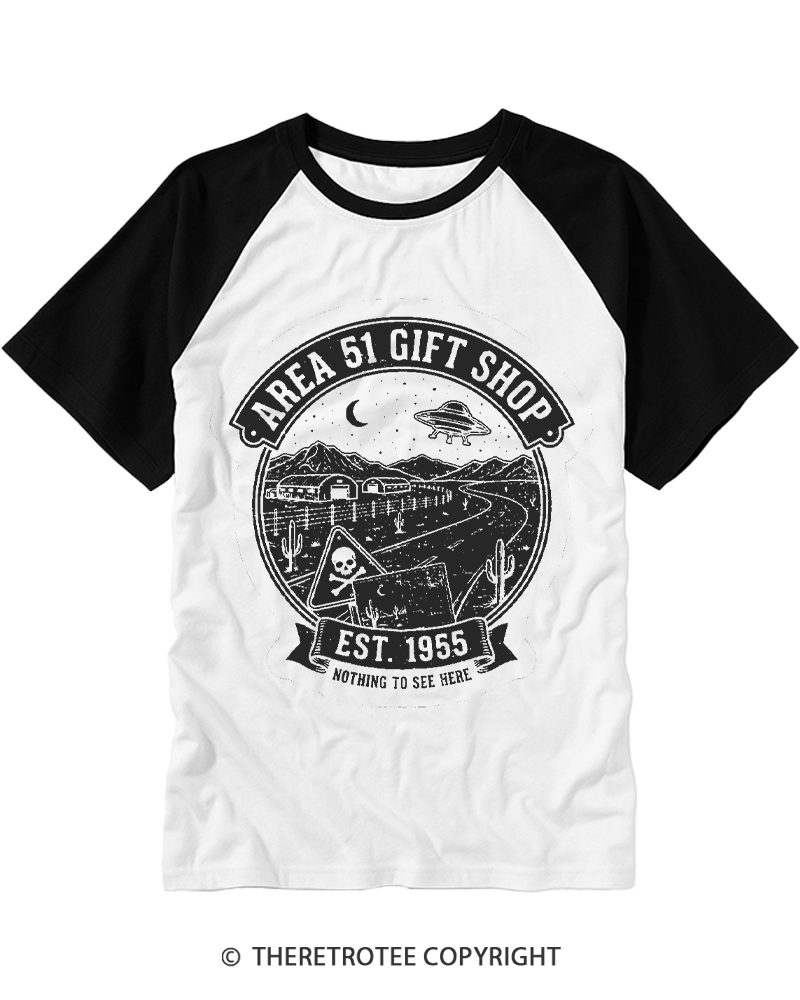 TheRetroTee Vintage Area 51 UFO Gift Shop Raglan Baseball T-Shirt