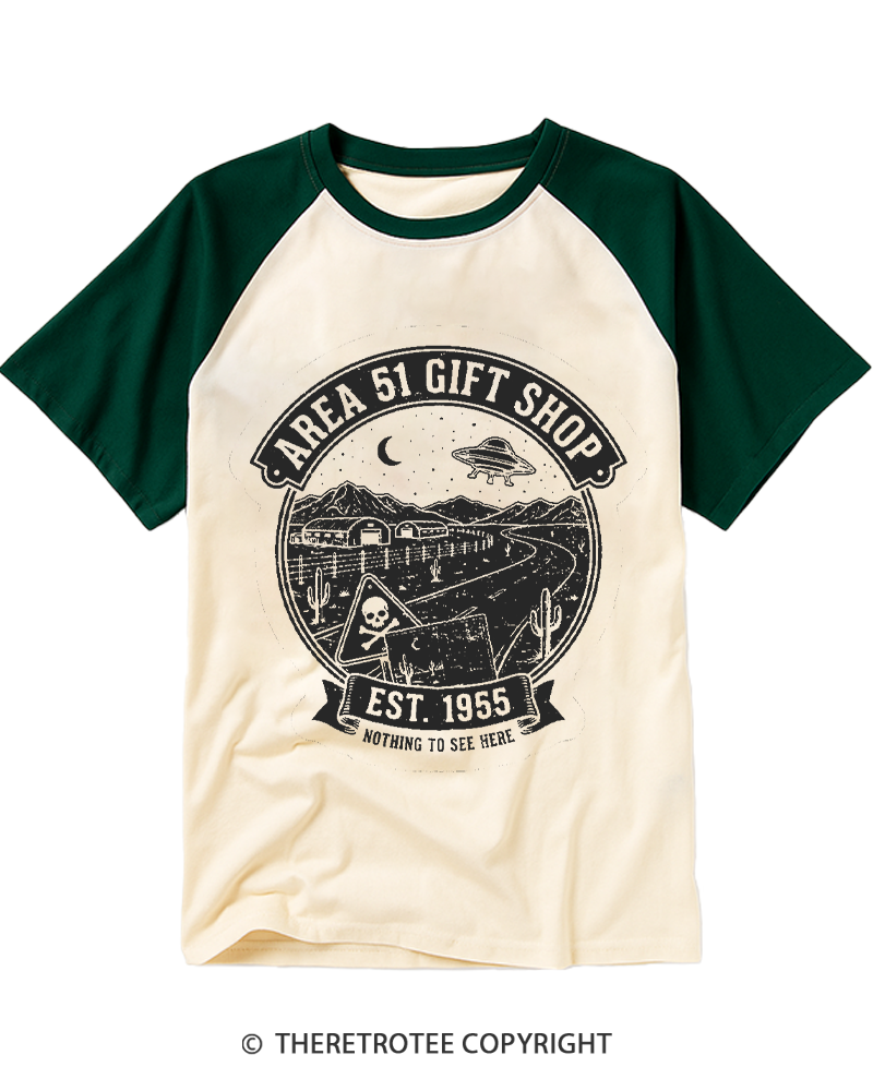 TheRetroTee Vintage Area 51 UFO Gift Shop Raglan Baseball T-Shirt