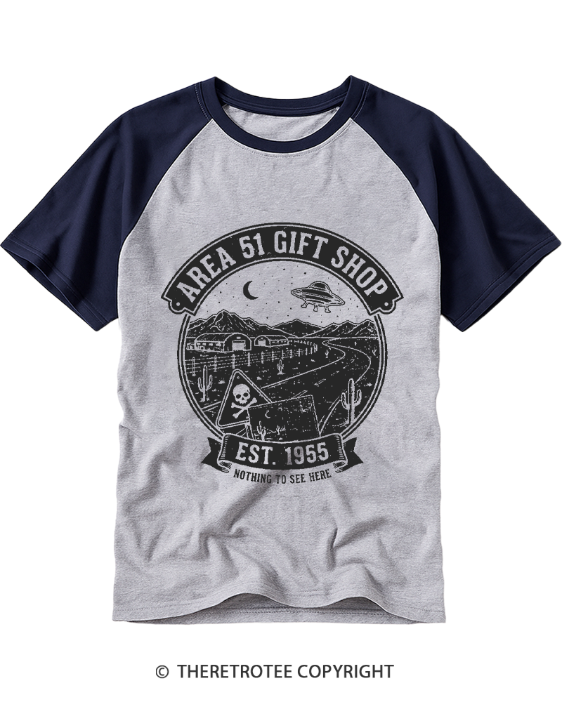 TheRetroTee Vintage Area 51 UFO Gift Shop Raglan Baseball T-Shirt