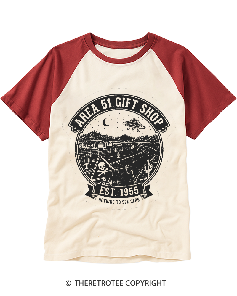 TheRetroTee Vintage Area 51 UFO Gift Shop Raglan Baseball T-Shirt