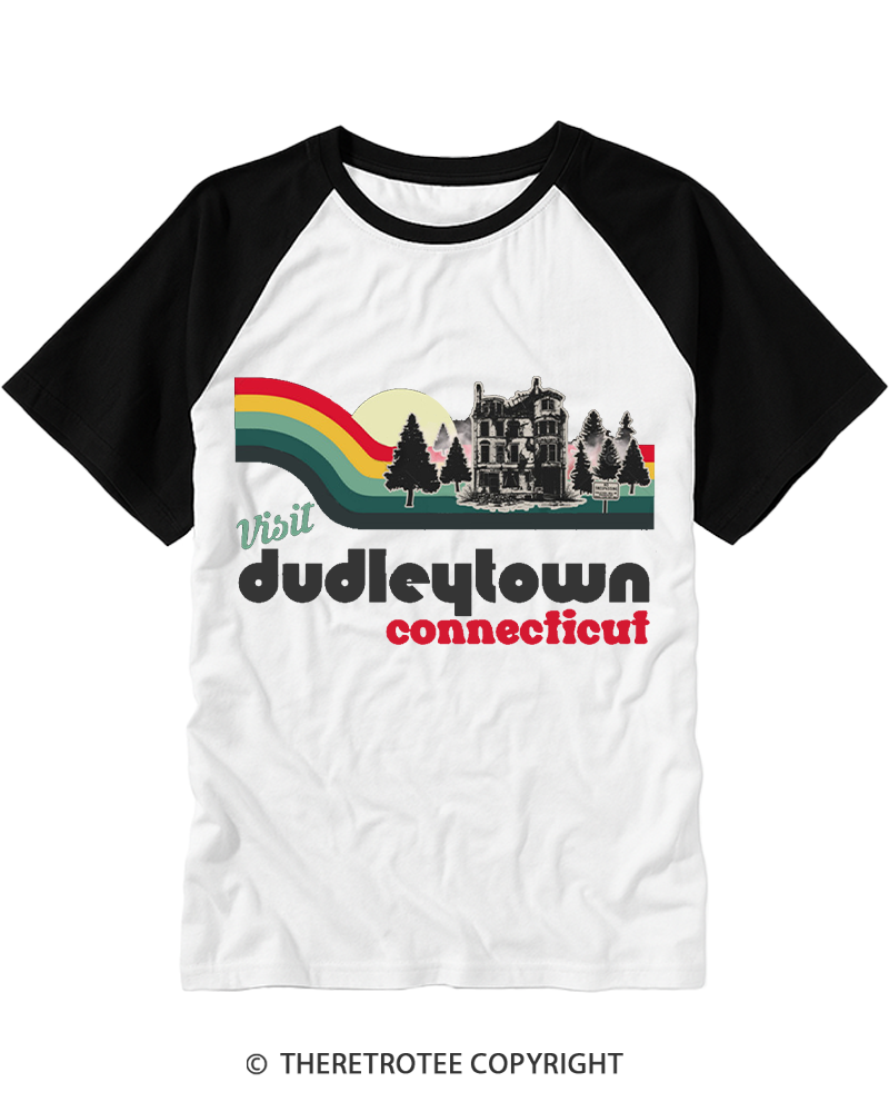TheRetroTee Visit Dudleytown Connecticut Retro Ghost Town Raglan Baseball T-Shirt