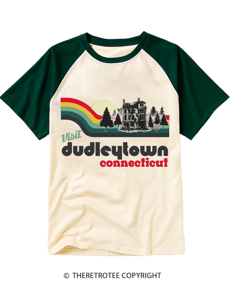 TheRetroTee Visit Dudleytown Connecticut Retro Ghost Town Raglan Baseball T-Shirt