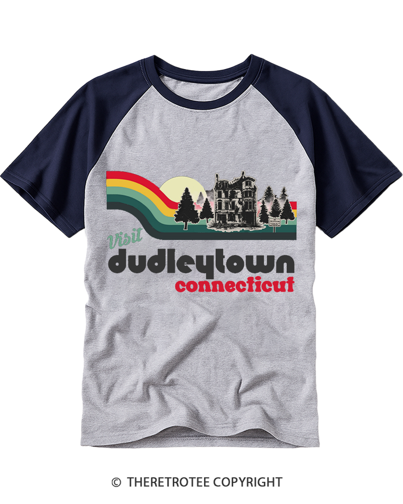 TheRetroTee Visit Dudleytown Connecticut Retro Ghost Town Raglan Baseball T-Shirt