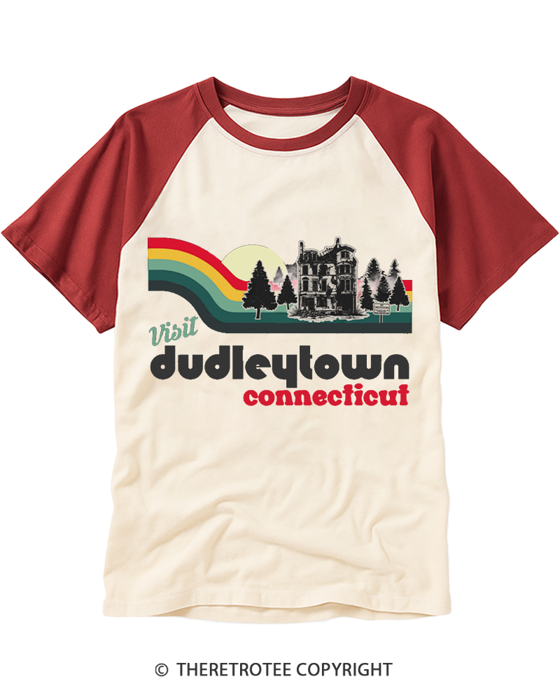 TheRetroTee Visit Dudleytown Connecticut Retro Ghost Town Raglan Baseball T-Shirt