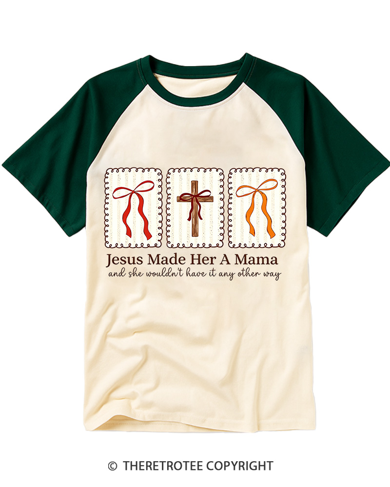 TheRetroTee Jesus Made Her A Mama Christian Mother Raglan Baseball T-Shirt