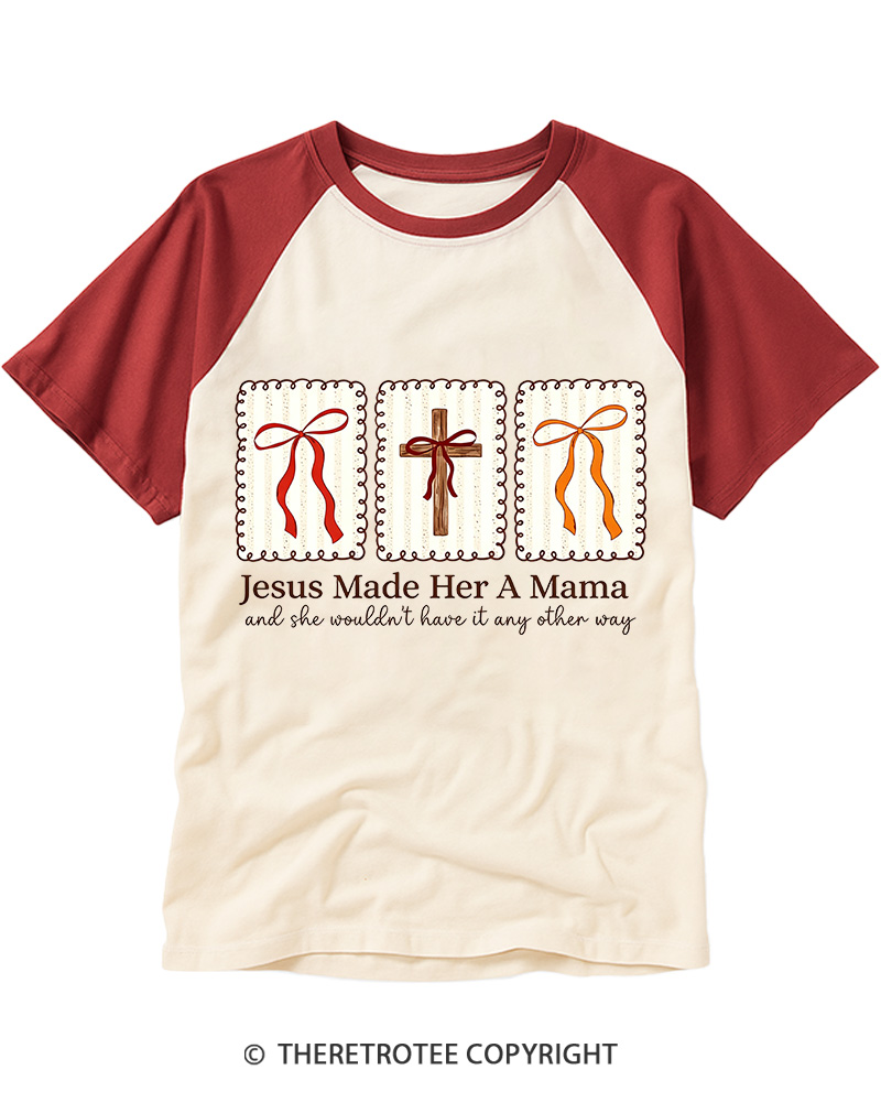 TheRetroTee Jesus Made Her A Mama Christian Mother Raglan Baseball T-Shirt