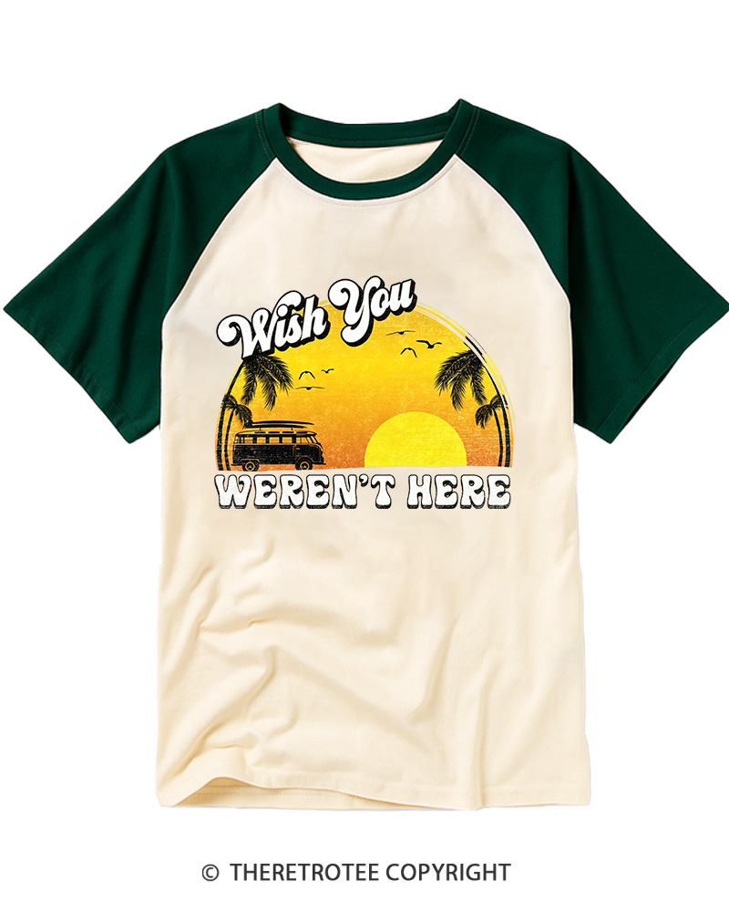 TheRetroTee Wish You Weren’t Here 1980s Raglan Baseball T-Shirt