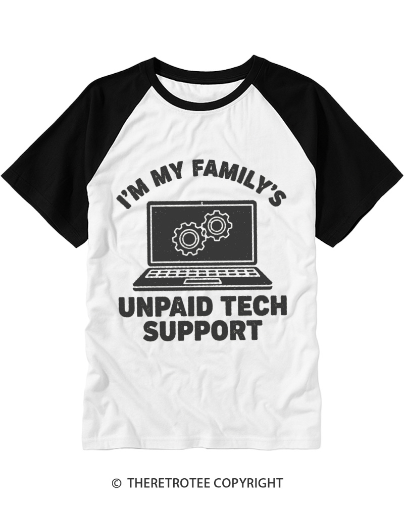 TheRetroTee Funny Tech Lover I'm My Family's Unpaid Tech Support Raglan Baseball T-Shirt