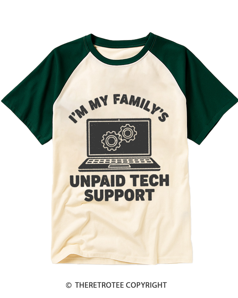 TheRetroTee Funny Tech Lover I'm My Family's Unpaid Tech Support Raglan Baseball T-Shirt