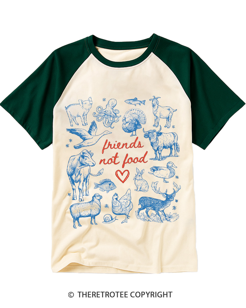 TheRetroTee Friends Not Food 1970s Raglan Baseball T-Shirt