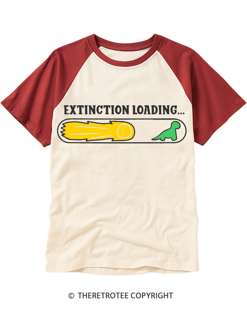 TheRetroTee Funny Dinosaur Extinction loading Raglan Baseball T-Shirt