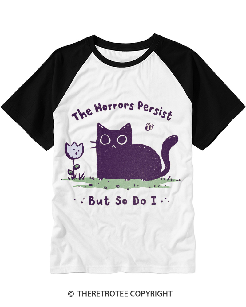 TheRetroTee Dark Humor Cat “Still Here” Raglan Baseball T-Shirt