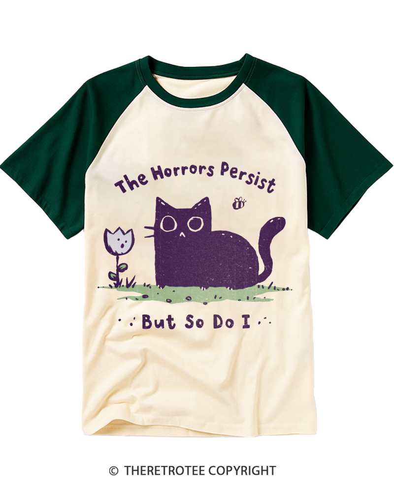 TheRetroTee Dark Humor Cat “Still Here” Raglan Baseball T-Shirt