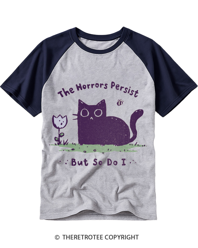 TheRetroTee Dark Humor Cat “Still Here” Raglan Baseball T-Shirt